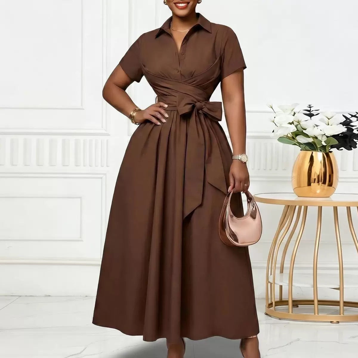 S-007Summer new style collarless short-sleeved bandage plain-color waist-hugging dress