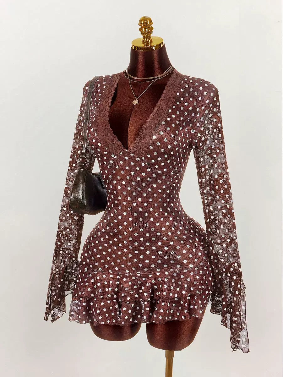 S-002 Dot Print Deep V Shaping Sexy Lace Blended High-Waisted Long-Sleeved Dress