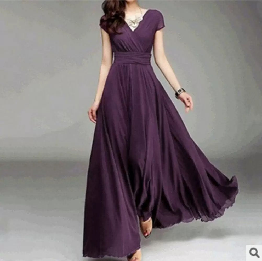 S005V-neck short-sleeved Bohemian chiffon wrap-around slimming dress that conceals the belly and is suitable for formal occasions
