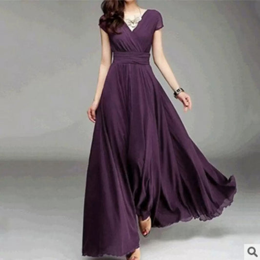 S005V-neck short-sleeved Bohemian chiffon wrap-around slimming dress that conceals the belly and is suitable for formal occasions