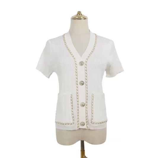 S-008Knitted cardigan with fitted design, slimming effect, chain trim, single button fastening, short style top